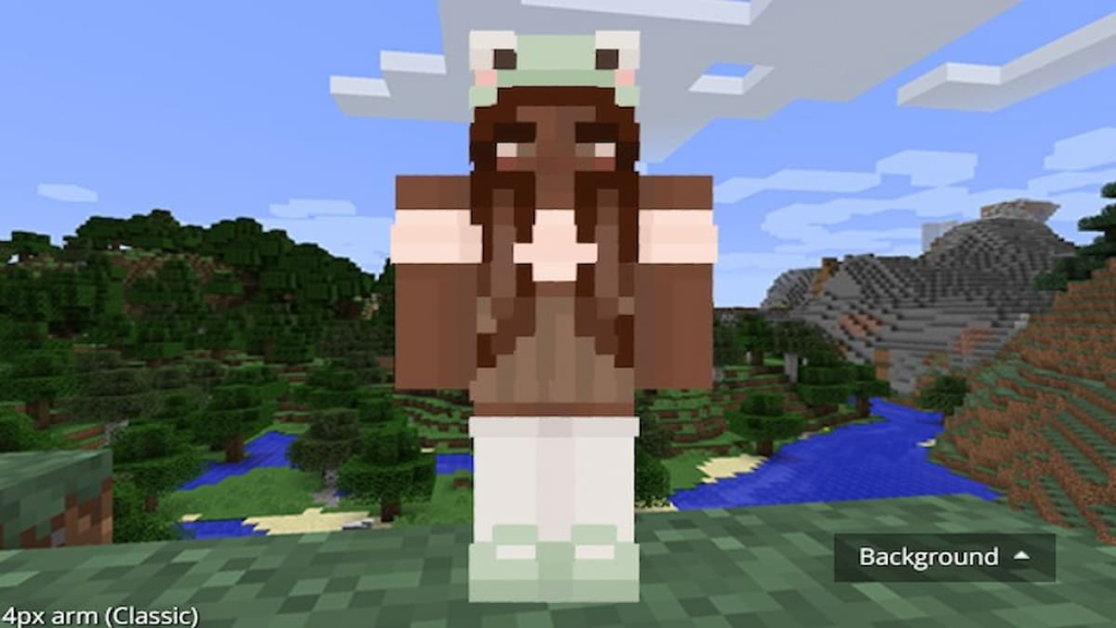 Minecraft skin by Mustydustybench of a brunette girl in a frog hat.