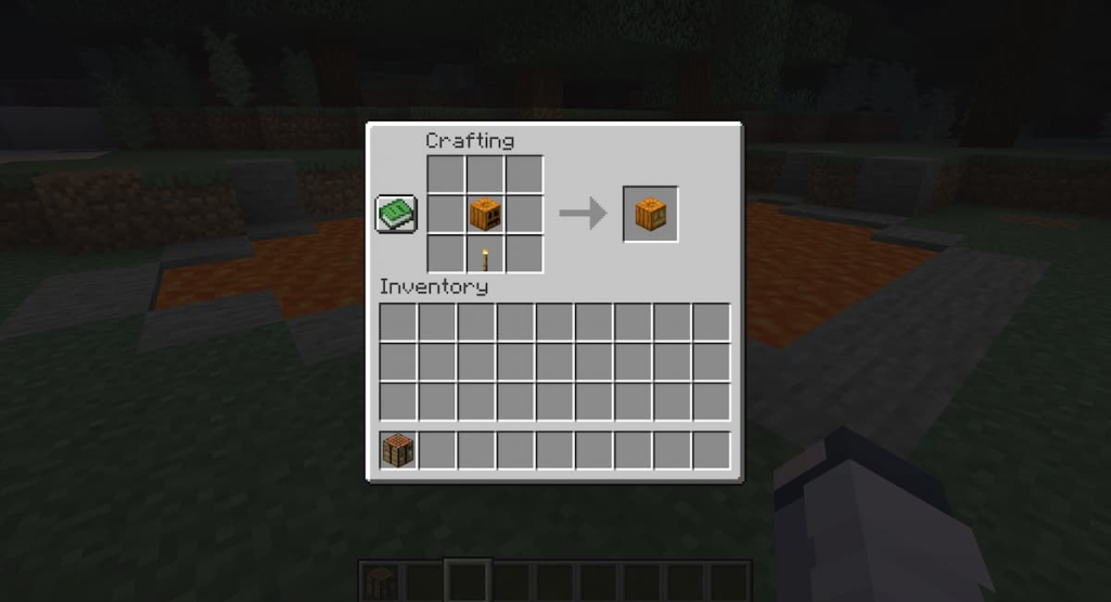 The crafting recipe for a Jack-O-Lantern in Minecraft