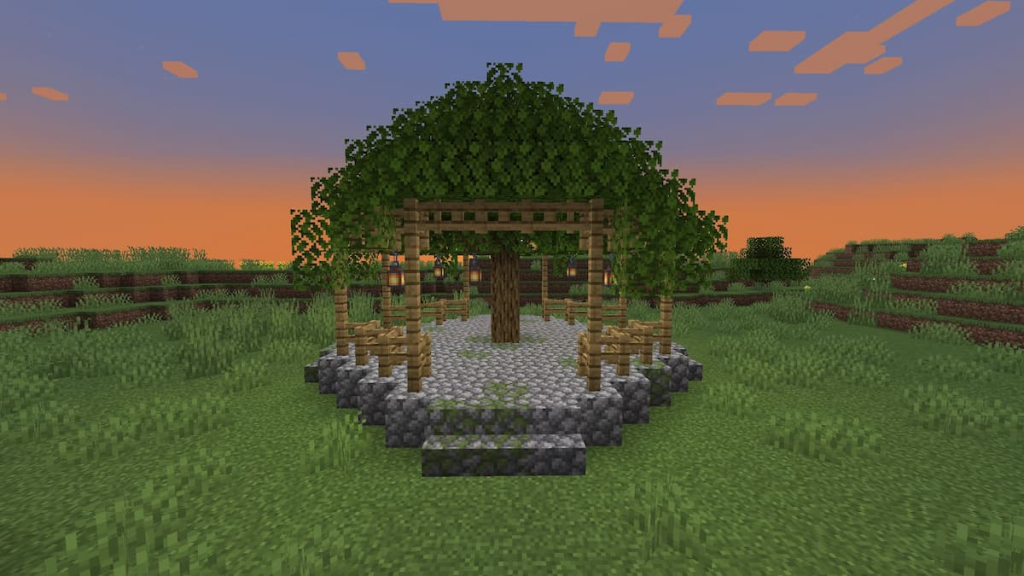A cottagecore Plains gazebo in Minecraft.