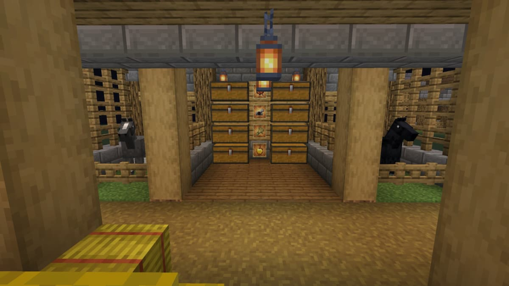 The inside of a plains-themed horse stable in Minecraft.