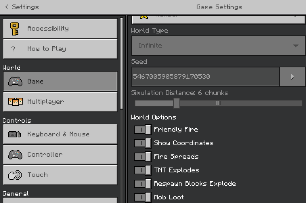 This image shows where to find the "Simulation Distance" in the Minecraft World settings.