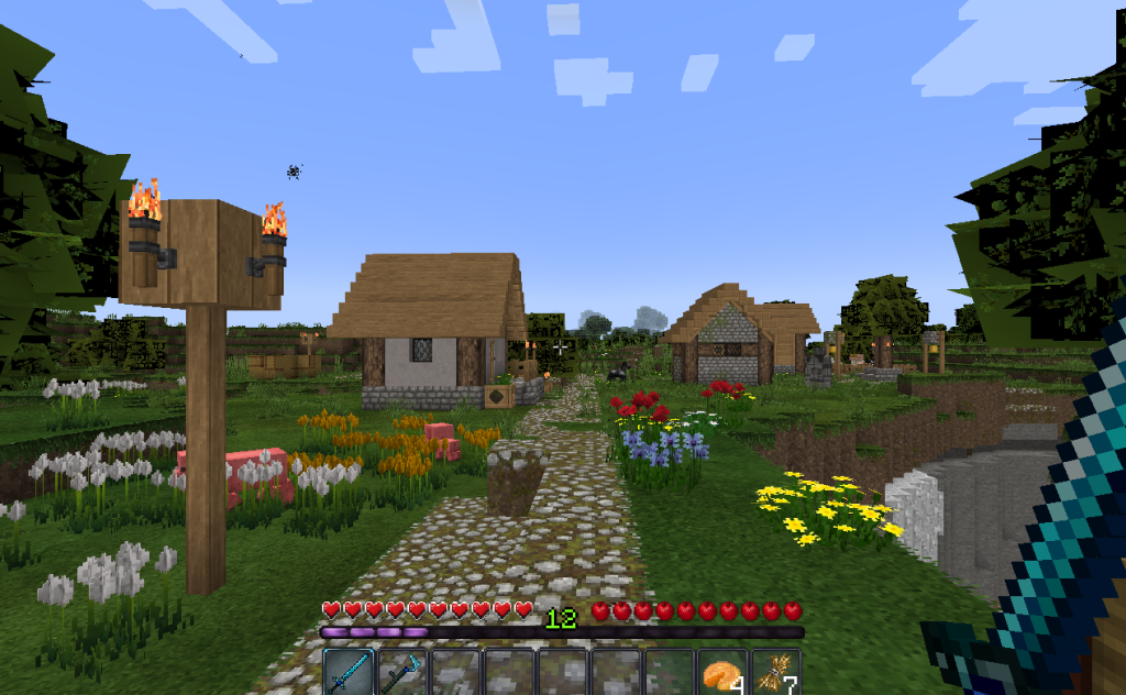 This image depicts the player holding a sword and looking across the cobblestone path towards a village. It was taken while using the Alacrity resource pack.
