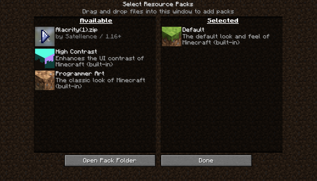 This image shows the newly downloaded texture pack appearing in the resource pack folder in-game.