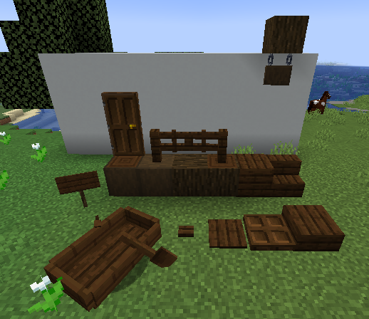 All of the items that change in appearance if they are crafted using dark oak wood.