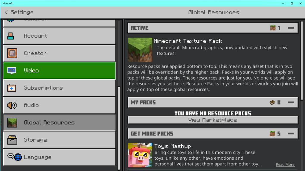 This image depicts the "Global Resource" folder on Minecraft Bedrock.