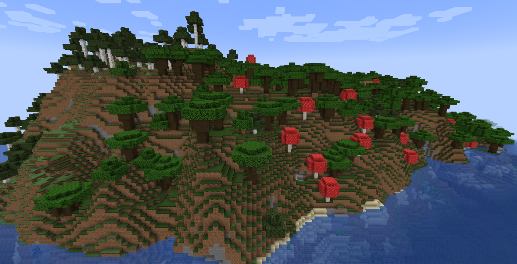 A Dark Forest biome on a hill filled with dark oak trees and giant mushrooms.