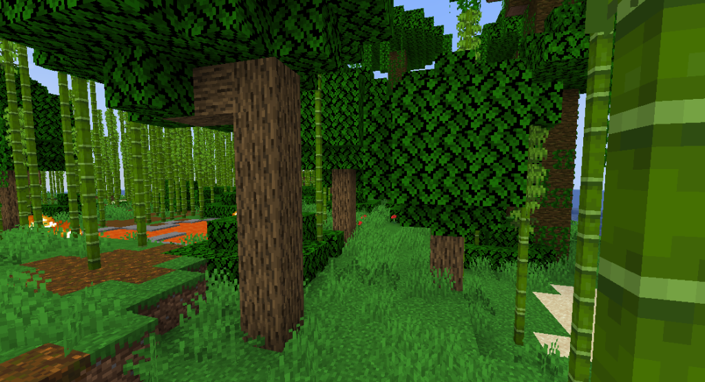 This image shows oak trees growing in a Bamboo Jungle biome.