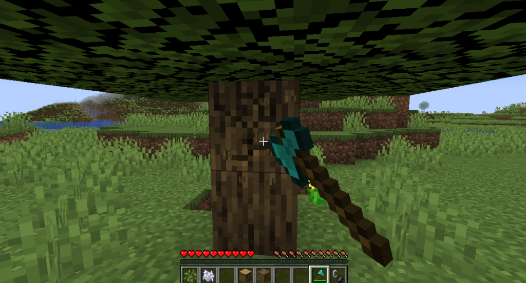 When a tree is being chopped down, the block being cut will grow cracks until it breaks and drops to the ground.