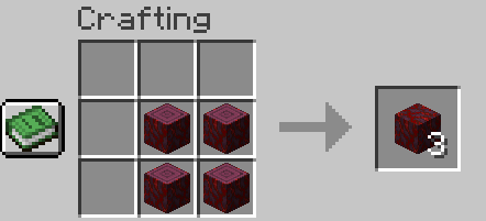 Crafting three crimson hyphae requires placing four crimson stems in a 2x2 square in a crafting menu.