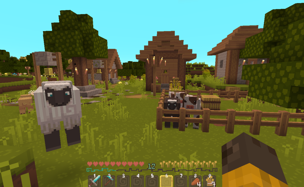 This image shows a Minecraft village complete with villagers, sheep,and cows in the style of Dandelion X.