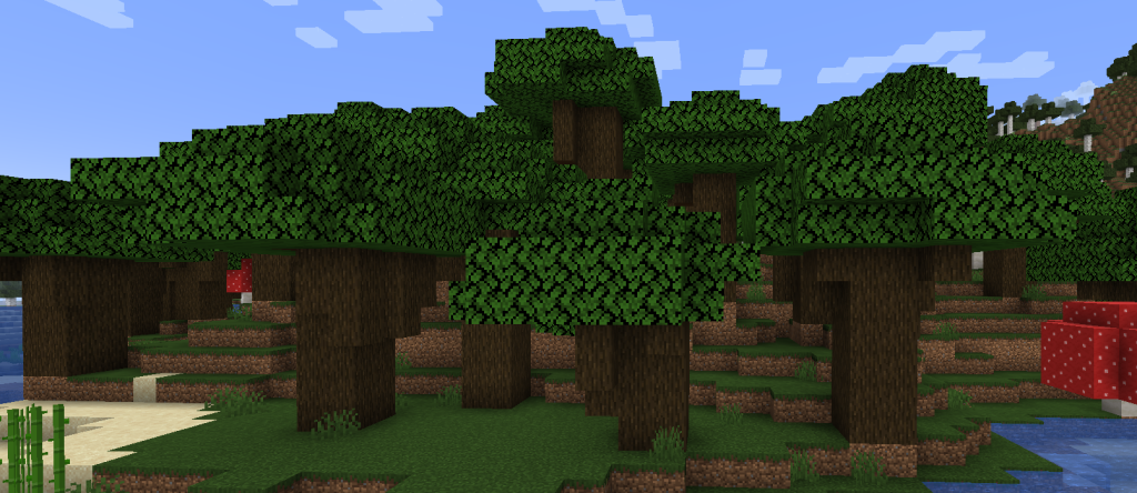 A dark forest biome with dark oak trees and giant red mushrooms.