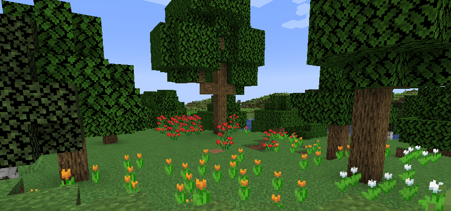 This image shows rose bushes and tulips growing in the flower forest biome.