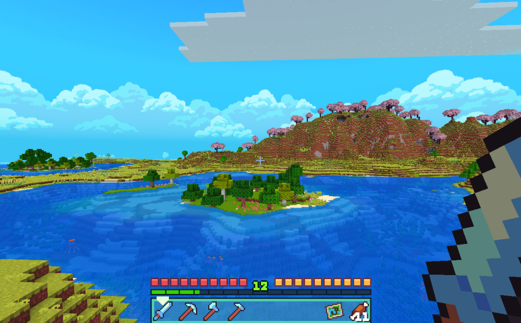 This image depicts the player holding a sword and overlooking a lake with a cherry blossom biome over a hill in the distance. It was taken using the Hafen resource pack.