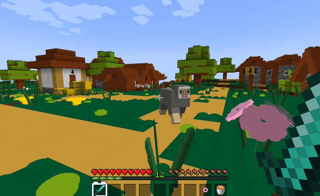 This image depicts a village and sheep mob in the style of the MineBricks resource pack.