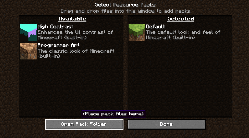 This image depicts the resource packs menu, with the "Open Pack Folder" highlighted. It leads you to your resourcepacks folder on your PC.