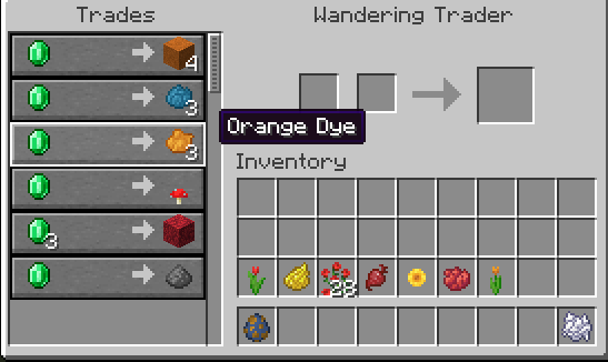 A wandering trader will give you three pieces of orange dye for one emerald.