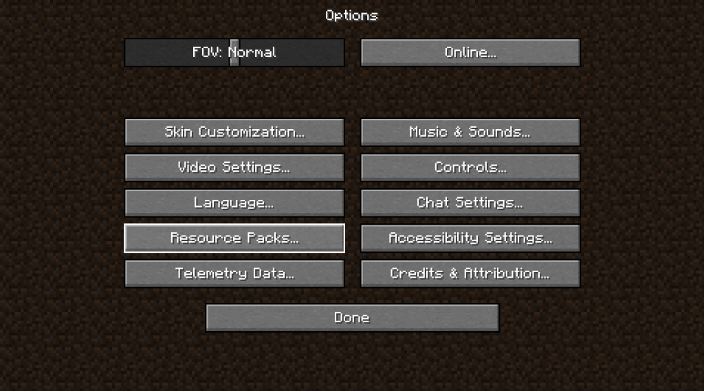 This image shows the options menu with the "Resource Packs" button highlighted.