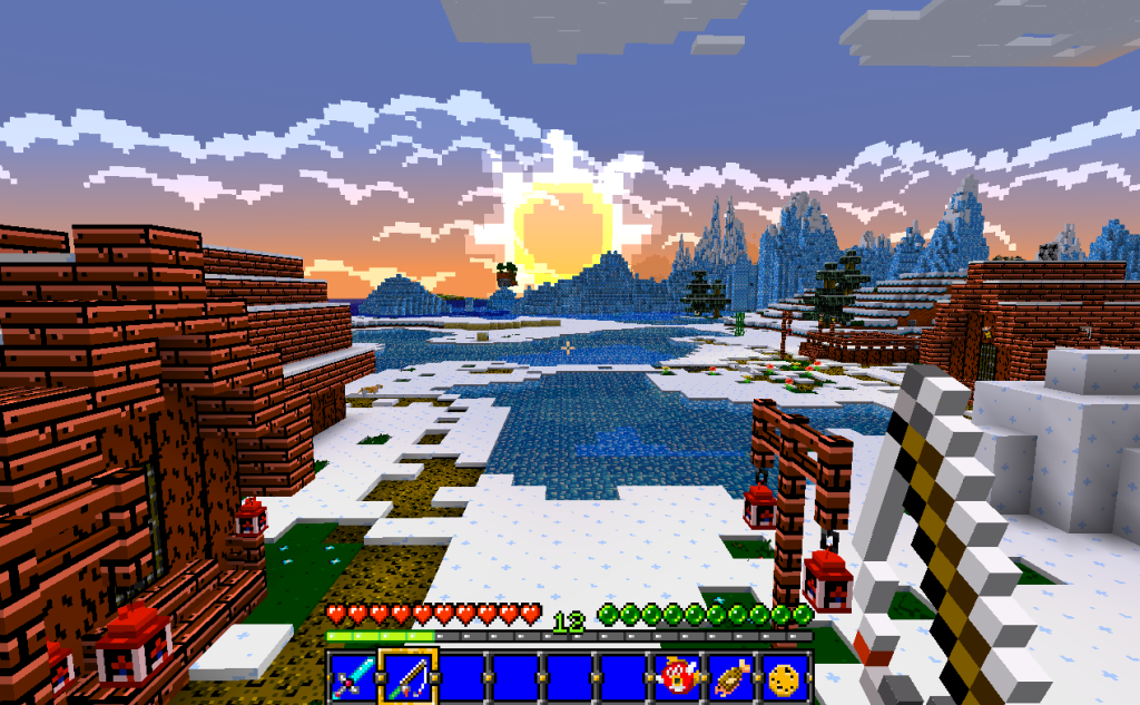 This image of the sunset in a snowy village was taken while using the RetroNES resource pack.