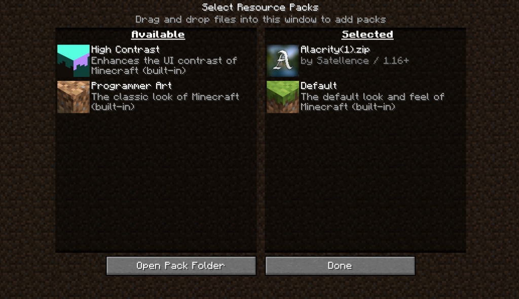 This image depicts how a resourcepack is selected to be used in-game.