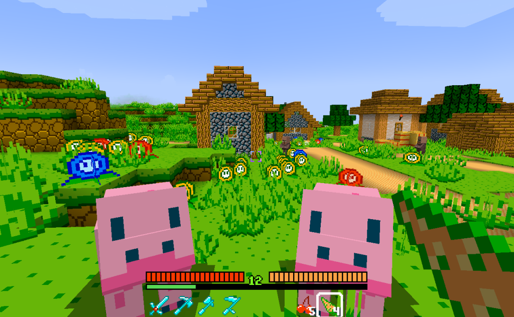 This image depicts two pigs looking at the player with a village in the background. It was taken using the SmellsLike8Bit resource pack.
