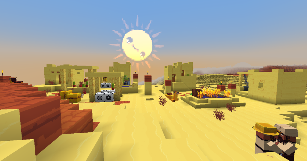 This image depicts a happy sun slowly setting behind a desert village. It was taken while using the Tooniverse resource pack.