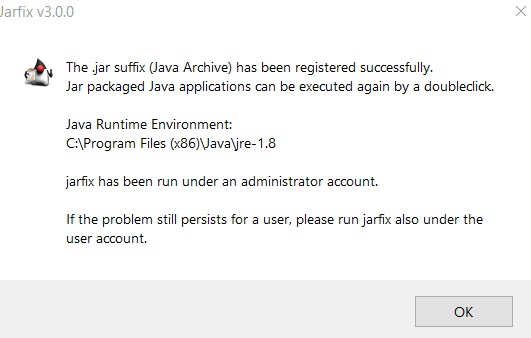 This image shows the jarfix successful installation message.