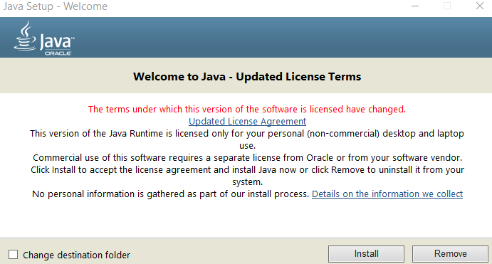 This image shows the Java Installation wizard.