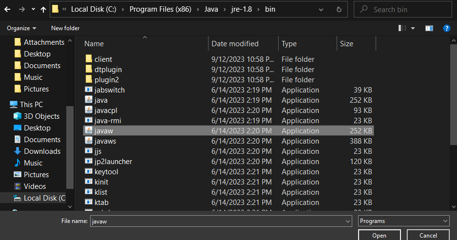This image shows what the javaw.exe file looks like in the "bin" folder.