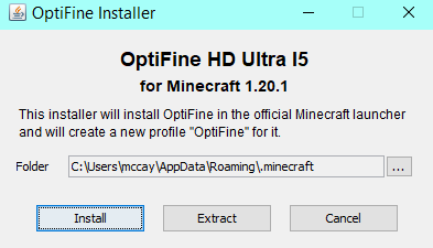 This image shows the Optifine Installer.