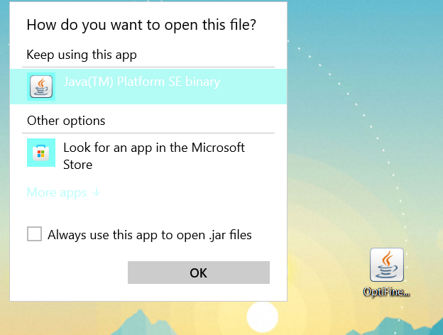 This image shows what clicking "open with" looks like on the Optifine file, as well as what the Java(TM) Platform SE Binary looks like.