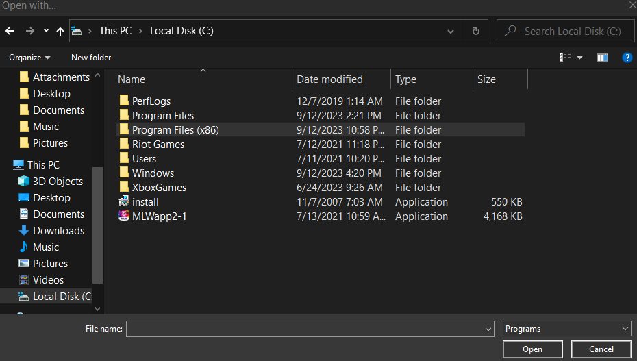 This image shows how both the Program Files and Program Files (x86) folders are located in the Local Disk.