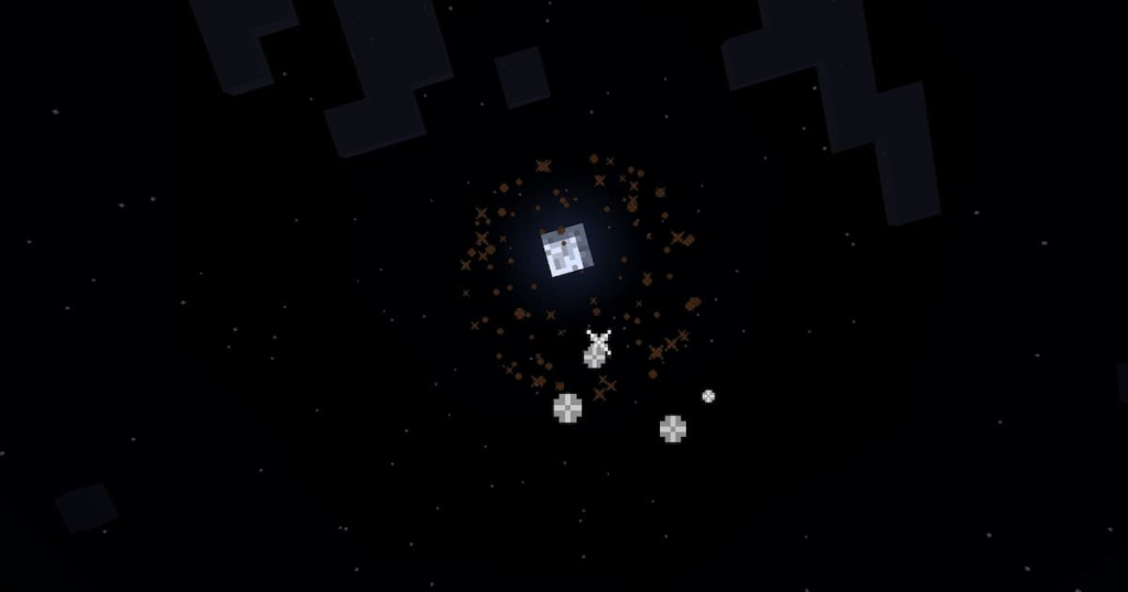 Brown fireworks in Minecraft at night.