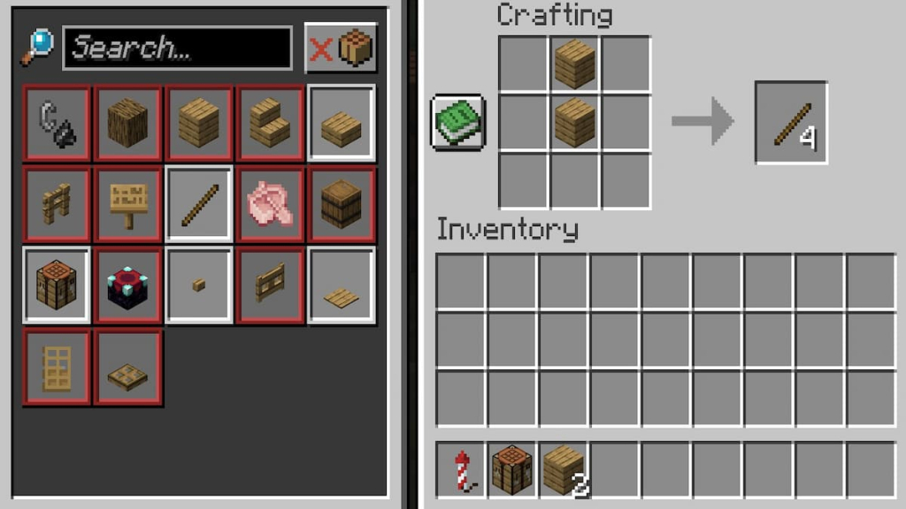 Crafting recipe for sticks