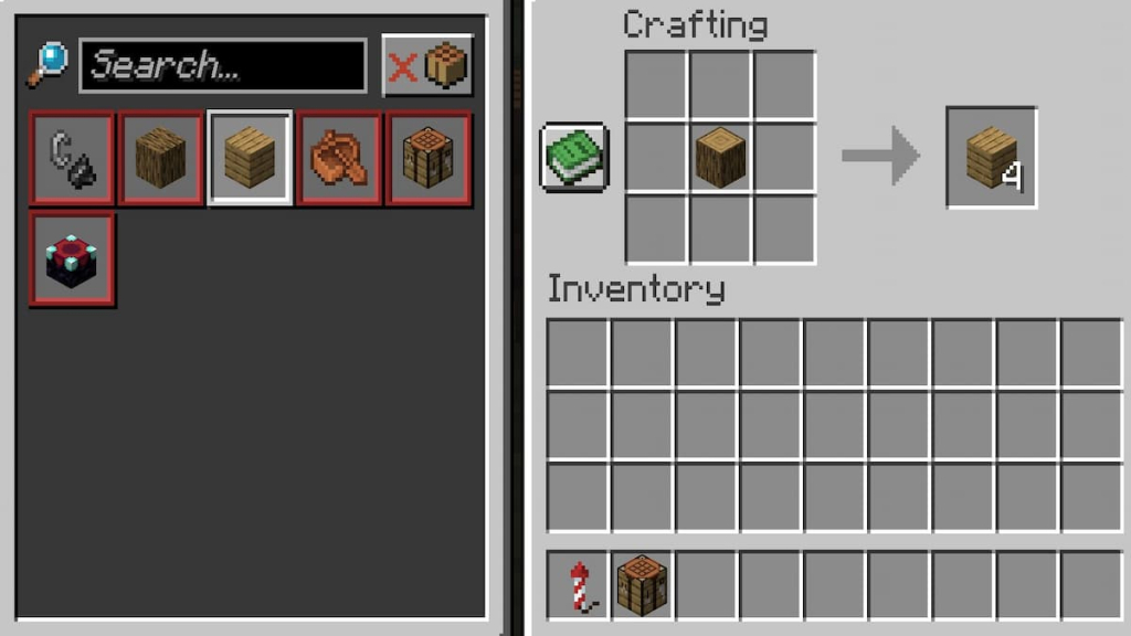 Crafting recipe for wood planks.