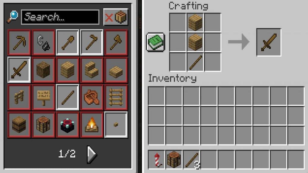 Crafting recipe for wooden sword.