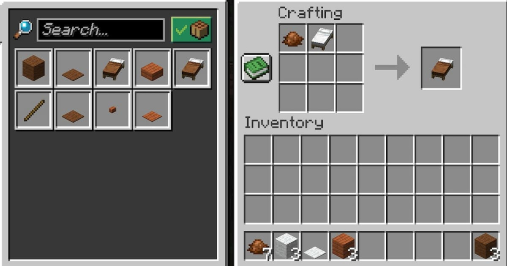 Crafting recipe for brown bed using brown dye.