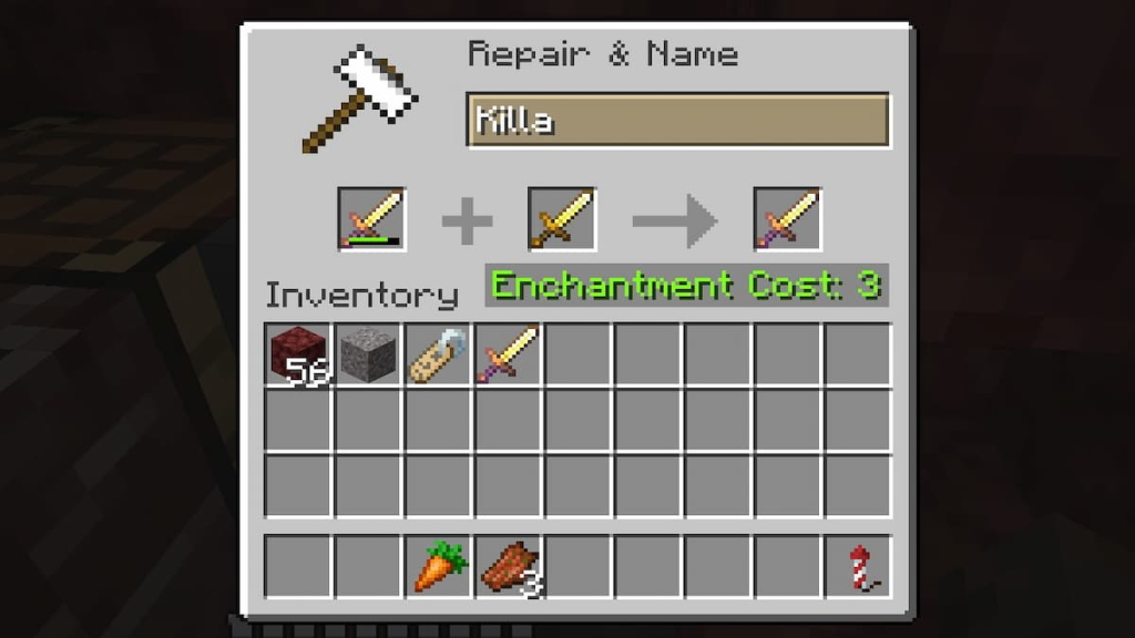 Repairing an enchanted gold sword using a regular gold sword.