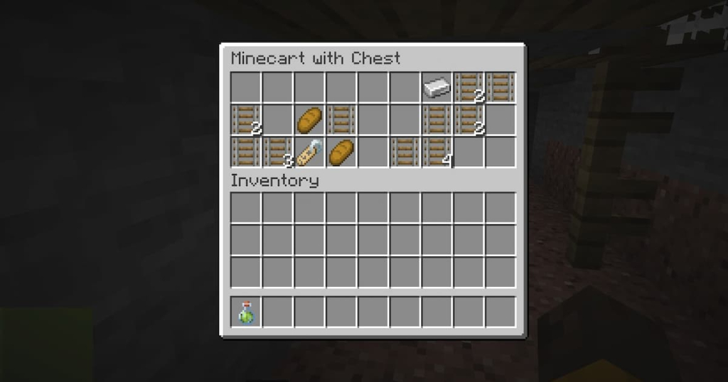 A minecart chest in a mineshaft with an iron ingot.