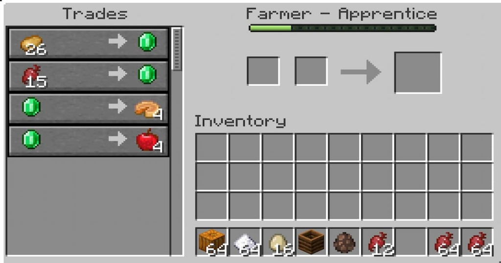 Apprentice farmer trading one emerald for four pumpkin pies.