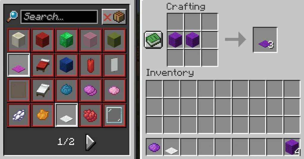 Crafting recipe for purple carpets using purple wool.