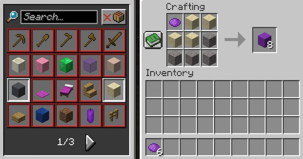 Crafting recipe for purple concrete powder