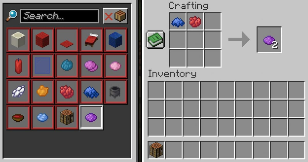 Purple dye crafting recipe using red dye and blue dye.