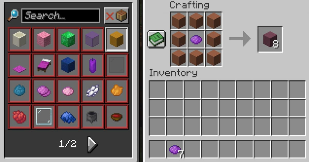 Crafting recipe for purple terracotta.