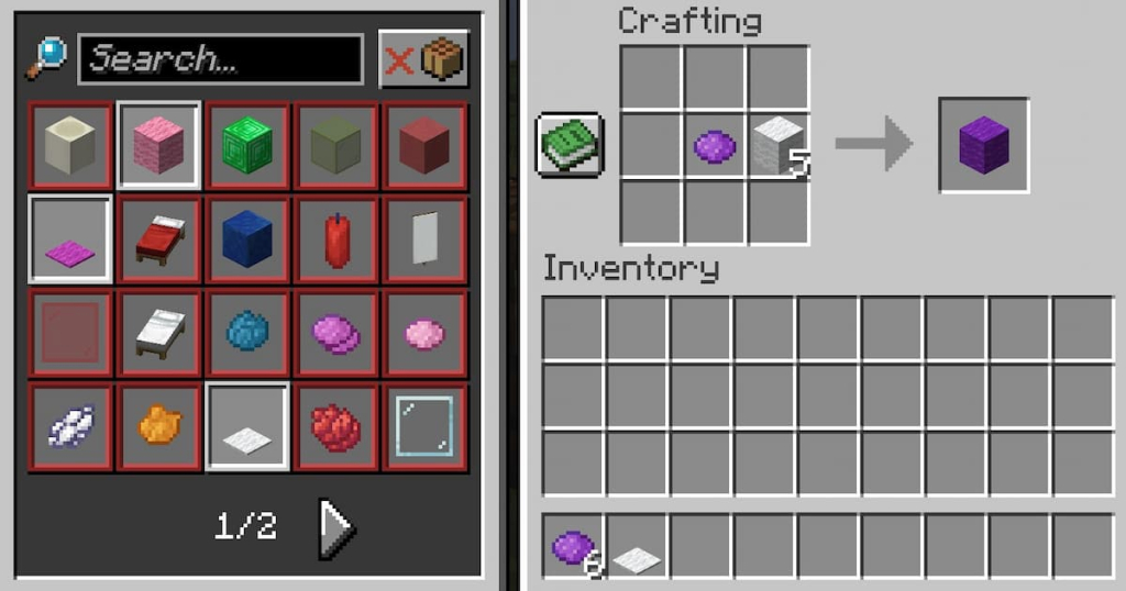 Crafting recipe for purple wool with purple dye and white wool.