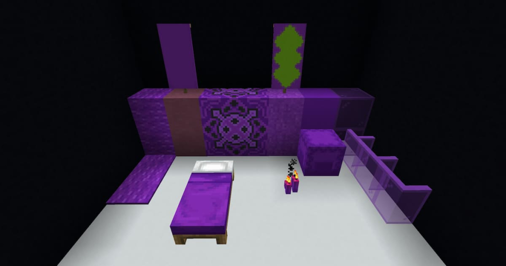 The items that can be dyed purple in Minecraft: Wool, carpet, terracotta, glazed terracotta, concrete powder, concrete, stained glass, stained glass panes, shulker box, banners, candles, carpet, and beds.