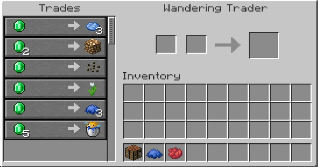 Wandering trader selling three blue dye for one emerald.
