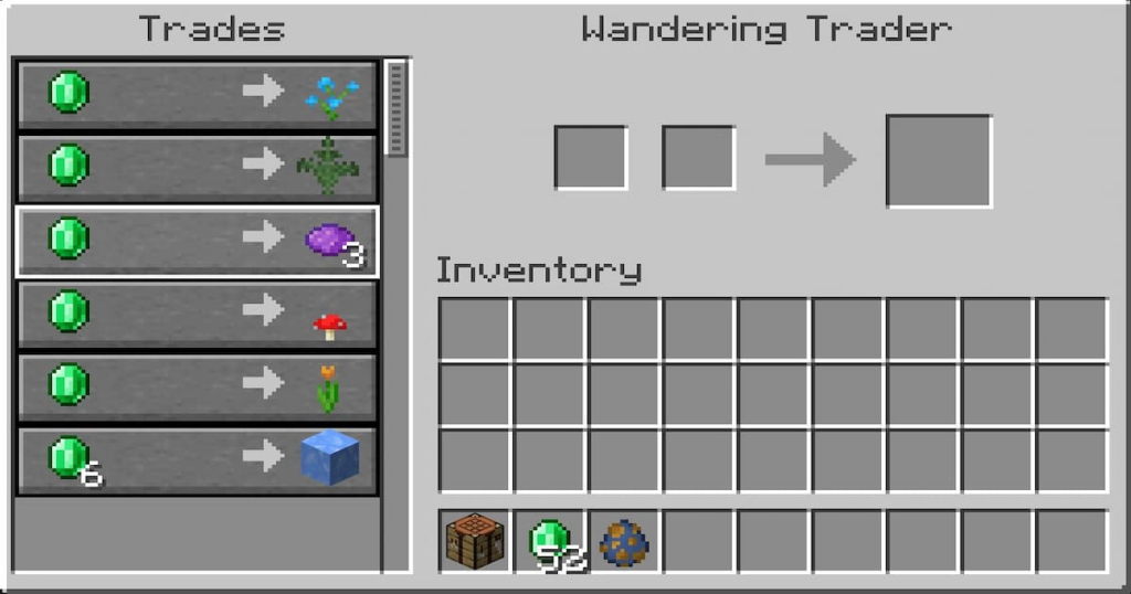 Wandering trader selling three purple dye for one emerald.
