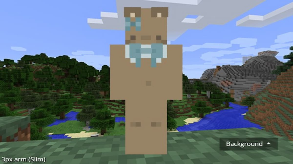 A cute Minecraft skin by wafflecreatingskins that looks like a giant baby teddy bear complete with a collar with a bow and a matching blue bow on their ear.