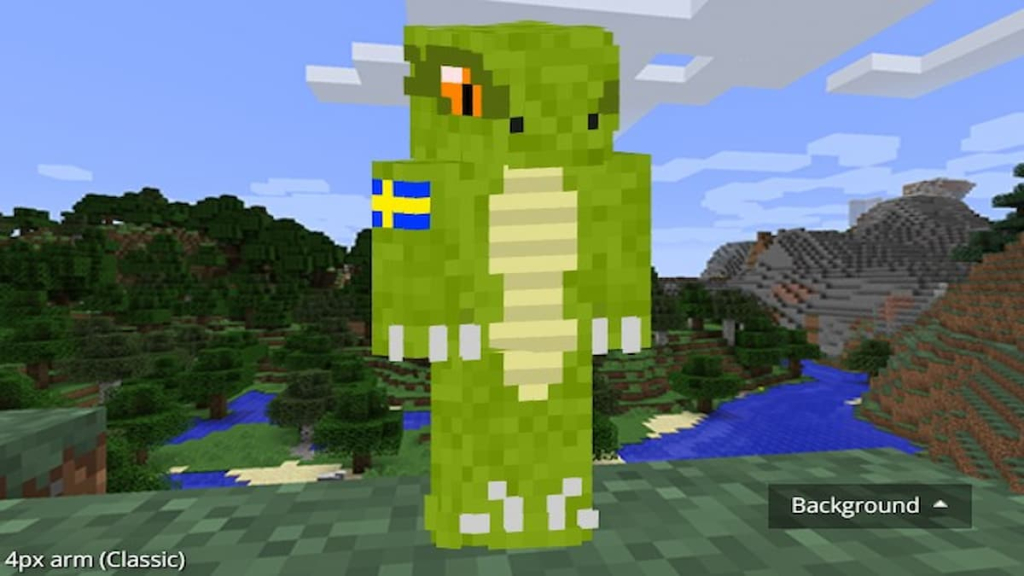 A Minecraft skin by Peterboss443 that features a green dinosaur with the Swedish flag on his arm.