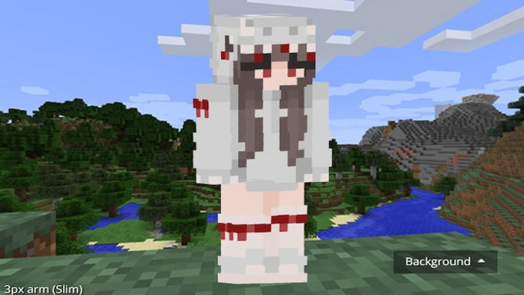 Minecraft skin by Beanfairy of a girl in a grey and red dinosaur outfit.